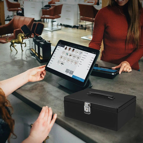 Heavy Duty Black Cash Box With Lock And 7 Compartment Money Tray For Small Businesses on a counter next to POS system.