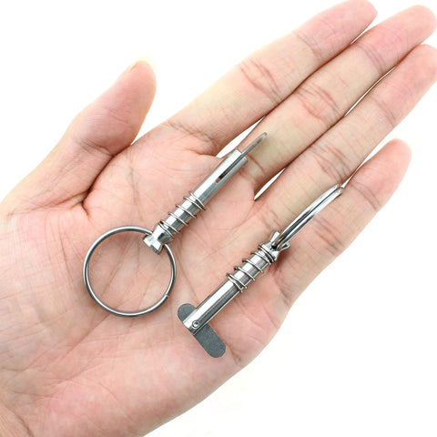 Front view: two 1/4 in stainless steel quick-release pins with rings, drop cam, 1.66 in long