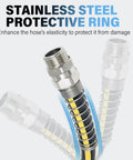 Stainless steel protective ring with male end connector showing flexibility and damage prevention features for hoses.