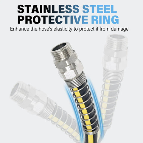 Stainless steel protective ring with male end connector showing flexibility and damage prevention features for hoses.