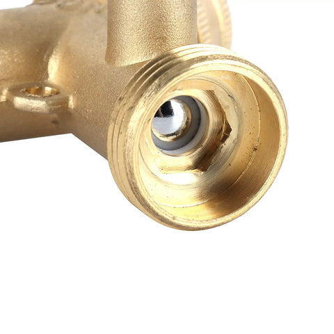 Solid Brass Y Shape Garden Hose Splitter With Leakproof Shut Off Valve For Effortless 2 Way Water Control And Easy Repair Kit Installation On Any Standard Hose, close-up threaded inlet