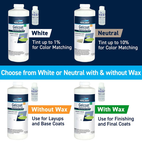 Premium Marine Grade Polyester Gelcoat For Fiberglass Repair White Quart in white and neutral options for color matching.