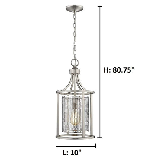 Delvelda One Light Pendant In Matte Nickel, 21-Inch Industrial Steel Cage Fixture for Modern Kitchens and Living Rooms hanging view.