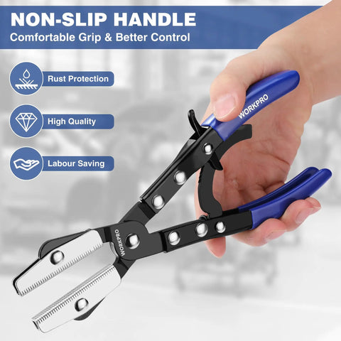 Ratcheting Hose Pinch Off Pliers With Locking Grip Beefy Ten Inch Heavy Duty Steel Tool held by a hand in a garage setting.