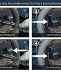 Professional Brake Anchor Pin And Bushing Removal Tool With 10 Ton Heavy Duty Design for on-vehicle service shown in use on brake system.