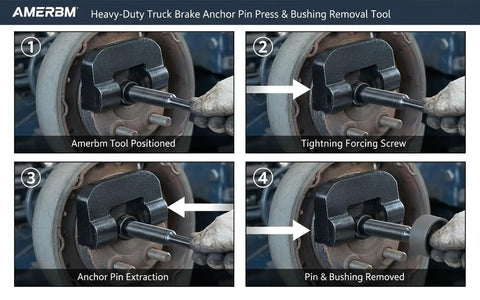 Professional Brake Anchor Pin And Bushing Removal Tool With 10 Ton Heavy Duty Design for on-vehicle service shown in use on brake system.