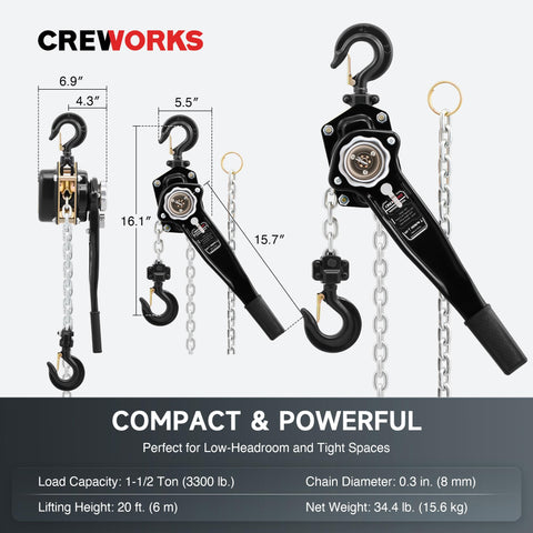 Beefy 1-1/2 Ton Lever Chain Hoist With 20 Ft Lift, Manual Chain Hoist Heavy Duty, 3300 Lb Capacity, G80 Galvanized Chain And Swivel Hooks