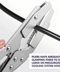 Close-up of Four Pack 10 Inch Radiator Hose Clamp Pliers in use on a hose, highlighting clamping force