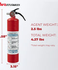 Water Based 2.5 Lb Kitchen Fire Extinguisher UL Rated 1A 10B C 2 Pack with dimensions label