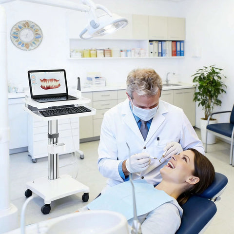 Dental trolley cart with laptop tray on aluminum alloy bracket, front view.
