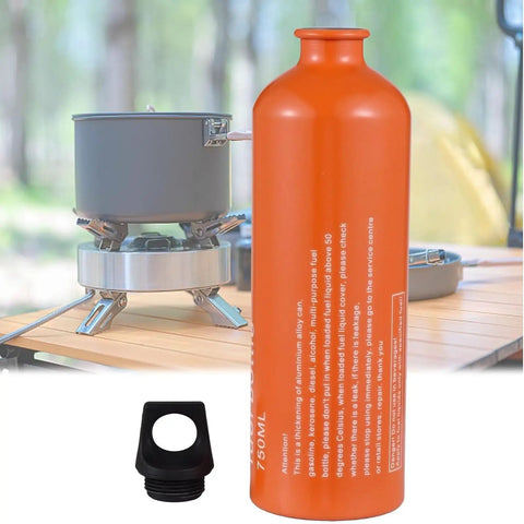 Aluminum Fuel Bottle 750ml For Camping And Outdoor Use, Leak Proof Container For Gas Petrol Kerosene next to camp stove on wood table.