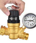 Keep Your Rig Safe With This Adjustable RV Water Pressure Regulator Featuring A Clear Dial Gauge And Easy Grip Handwheel with knob adjustment.
