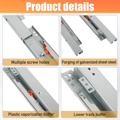 Close-up details of Full Extension Undermount Drawer Slides Soft Close Bottom Mount Glide Tracks For Kitchen Pantry Pull Out Trays.