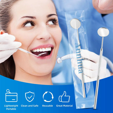 Pro Grade Stainless Steel Dental Inspection Mirror With Anti Fog Surface Curved Mouth Mirror Tool For Oral Care And Makeup Mini Reflector Non Slip Grip Durable Dental Instrument in packaging, beside a patient