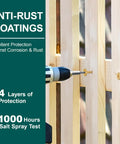 Drilling heavy duty structural lag screws into wood demonstrating protection against rust and corrosion for outdoor projects.