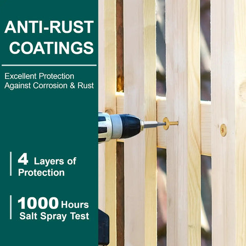 Drilling heavy duty structural lag screws into wood demonstrating protection against rust and corrosion for outdoor projects.