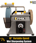 Top Shelf 10 Inch Wet Bench Grinder With Variable Speed And Slick Water Cooled Design For Knives Chisels Scissors And Wood Tools showing heavy duty aluminum oxide wheel.