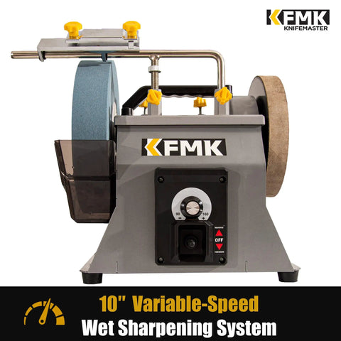 Top Shelf 10 Inch Wet Bench Grinder With Variable Speed And Slick Water Cooled Design For Knives Chisels Scissors And Wood Tools showing heavy duty aluminum oxide wheel.