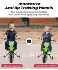 Child on green Electric Kids Motorcycle with Twist Grip Throttle, showing anti-tip dual training wheels for ages 3 to 6