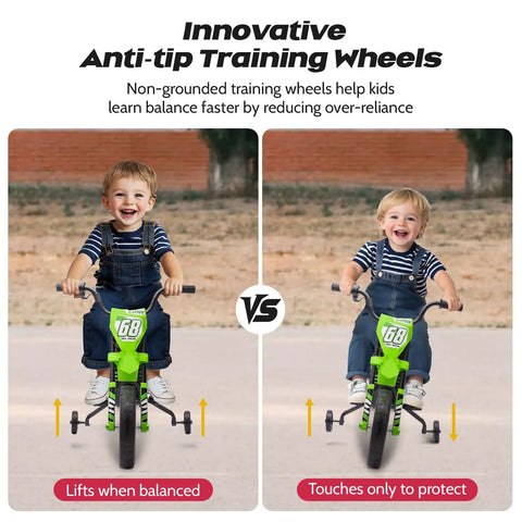 Child on green Electric Kids Motorcycle with Twist Grip Throttle, showing anti-tip dual training wheels for ages 3 to 6