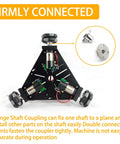 Front view of black triangular robot frame with four 6mm rigid flange shaft couplings and motors.