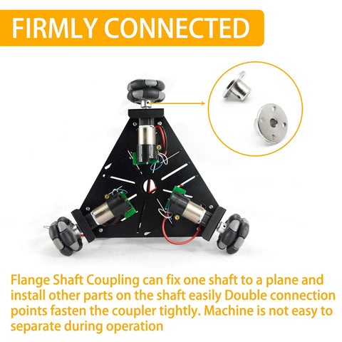 Front view of black triangular robot frame with four 6mm rigid flange shaft couplings and motors.