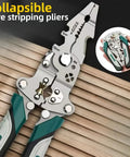 18 In 1 Folding Pliers Multi Tool For Electricians, Heavy Duty Wire Stripper Crimper Cutter on wooden surface