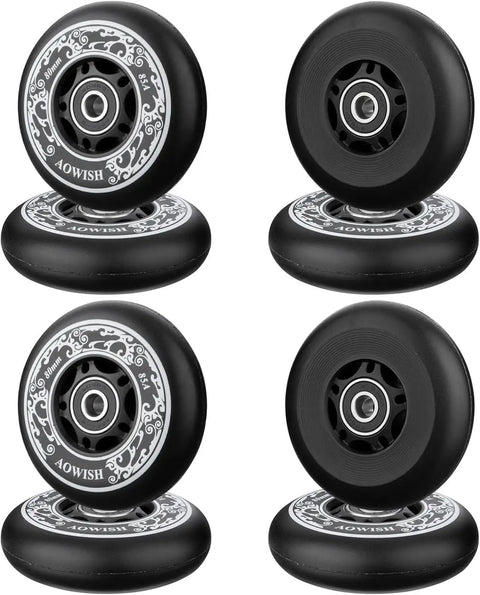 Four 8 Pack Inline Skate Replacement Wheels 85A Outdoor Asphalt Formula For Indoor And Outdoor Use, black with white designs.