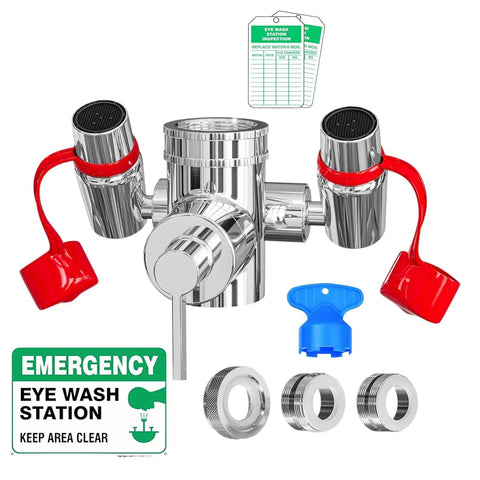 Faucet Mounted Emergency Eye Wash Station Sink Attachment With Instant Activation No Fuss Setup And Continuous Flow Eyewash Easy Install Includes 3 Common Sink Adapters 2 Inspection Tags And 1 Emergency Eyewash Sign