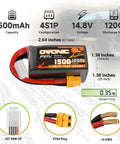 14.8V 120C 1500mAh 4S LiPo Battery with XT60 Plug for FPV Drones, quadcopters, RC planes, and cars, showing dimensions and weight