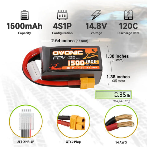 14.8V 120C 1500mAh 4S LiPo Battery with XT60 Plug for FPV Drones, quadcopters, RC planes, and cars, showing dimensions and weight