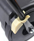 Detail view of the handle attachment on the 26.8 Inch Manual Walk Behind Floor Sweeper With 4 Gallon Waste Bin.