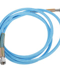 Sky-blue high temperature PTFE steam hose replacement tube for steam irons and industrial use, shown coiled with metal fittings.