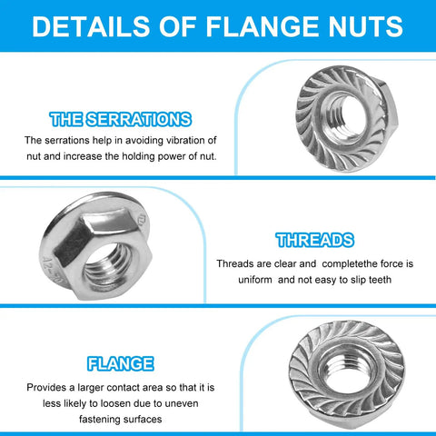 10 Pack M10 Serrated Flange Hex Nuts 1.5mm Pitch, 304 Stainless Steel product with serration, thread, and flange details
