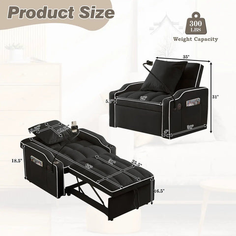 Product size of Three In One Velvet Sleeper Chair Bed With Phone Holder And USB Ports, recliner to bed dimensions