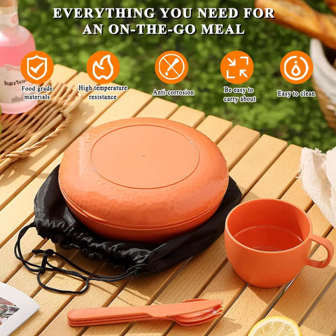 Lightweight Six Piece Camping Mess Kit With Nesting Bowl Plate Cup Spoon Fork Knife And Carry Bag outdoor setup