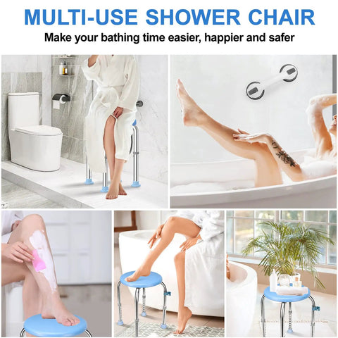 Sturdy Heavy Duty Stainless Steel Shower Stool 350 Lb Capacity With Round Tub Seat And Grab Bar Non Slip Feet Handicap Bathroom Chair Adjustable Height Bath Bench For Seniors Disabled And Injured Blue in various uses including bathroom setting.