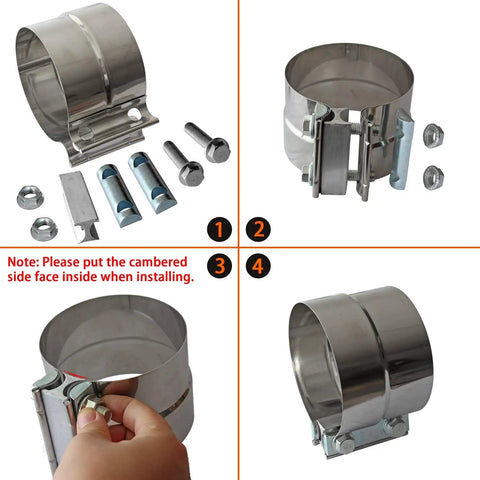 4 Inch Lap Joint Exhaust Band Clamp Set Easy Install Stainless Steel 304 With Zinc Plating, components and installation steps