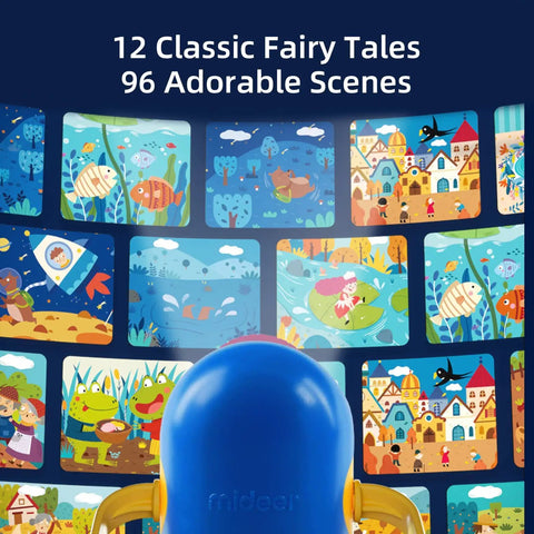 Kids Story Projector Kit With 12 Reels For Ages 3 To 5, Adjustable Projection Up To 30 Inches, showing fairy tale scenes