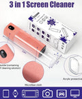 Pink 3-in-1 screen cleaner spray bottle with microfiber cloth and clear acrylic protective case, front view