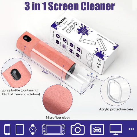 Pink 3-in-1 screen cleaner spray bottle with microfiber cloth and clear acrylic protective case, front view