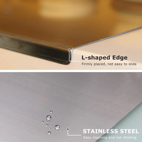 Stainless steel cutting board by Amazon, 40×30 cm, brushed metal surface and L-shaped edge