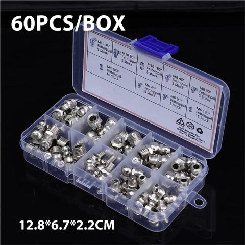 Solid 60 Piece Metric Grease Fitting Kit With Nine Types Of Galvanized Metal Hydraulic Zerk Assortment Set For M6 M8 M10 Sizes Featuring Rock Spring Check Valve Built In Anti Leakage One Way Design Perfect For Heavy Duty Auto Repair Shop Jobs And Keeping open case with M6 M8 M10 fittings