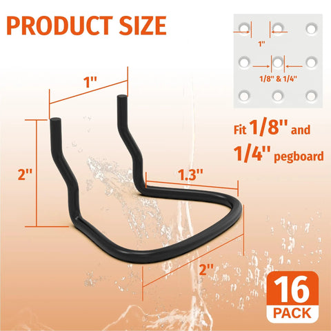 16 Pack Pegboard Pliers Holder Set In Black Stainless Steel For Garage Organization, showing size details and fit for 1/8 and 1/4 inch pegboards.