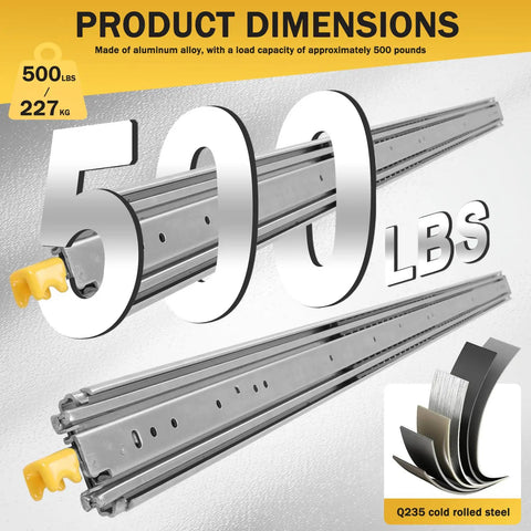 Heavy Duty Drawer Slides With Lock, 80 Inch Full Extension Cabinet Rails showcasing 500 LB capacity and steel material.