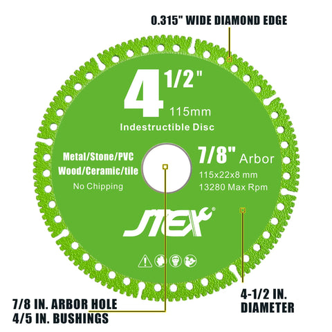 JTEX Indestructible Diamond Disc, 4-1/2 inch diameter, 7/8 inch arbor, multi-material blade for metal/stone/tile, 3-pack