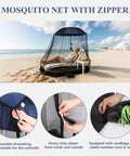 All In One Beach Umbrella With Mosquito Net For Chairs, Strollers, And Camping in use on beach, showing mosquito net and sandbag setup