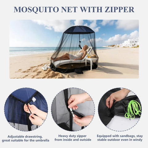 All In One Beach Umbrella With Mosquito Net For Chairs, Strollers, And Camping in use on beach, showing mosquito net and sandbag setup
