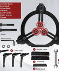 Rock Solid Woodturning Steady Rest For 12 14 And 16 Inch Swing Lathes components including circular frame, pad block, and wrench.