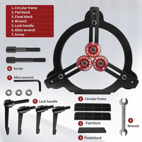 Rock Solid Woodturning Steady Rest For 12 14 And 16 Inch Swing Lathes components including circular frame, pad block, and wrench.